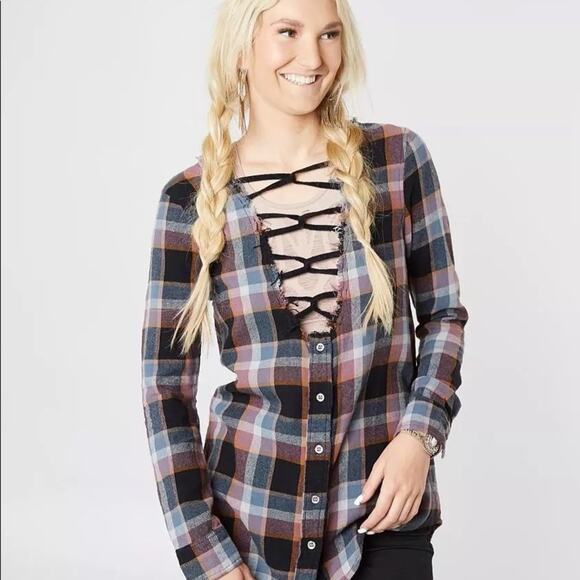 NWT Buckle BKE Gilded Intent Raw edge plaid flannel button down shirt M - Picture 2 of 4